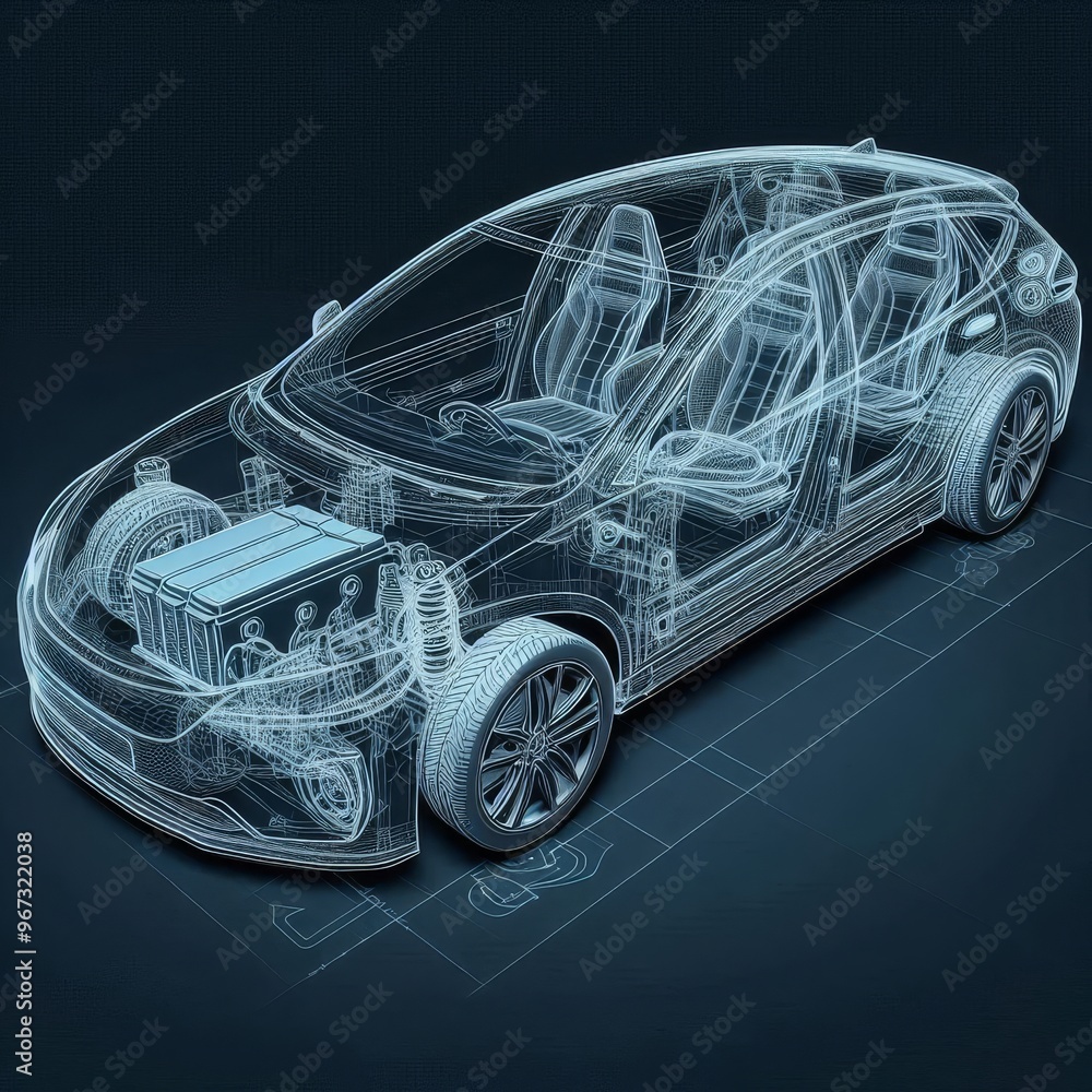 Naklejka premium A line art 3D illustration displays a modern electric car chassis x-ray, revealing the vehicle battery in a studio environment. 