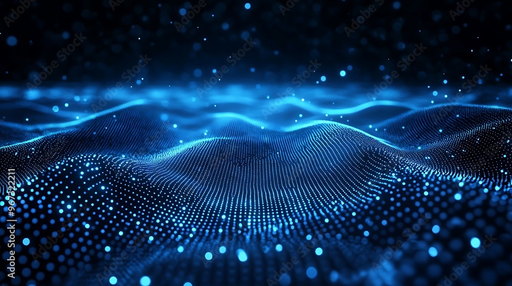 Vibrant blue wave pattern with glowing dots, representing digital technology and data flow in an abstract style. Vibrant blue wave pattern with glowing dots, representing digital technology and data flow in an abstract style.