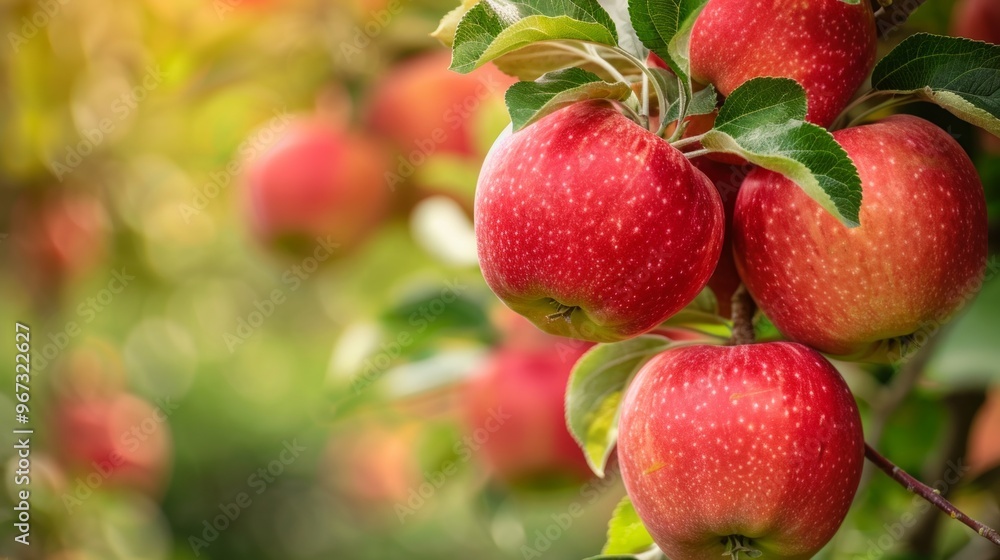 Image of a vibrant tree with red apples varying in shades, creating depth. Lush green leaves, Image of a vibrant tree with red apples varying in shades, creating depth. Lush green leaves,