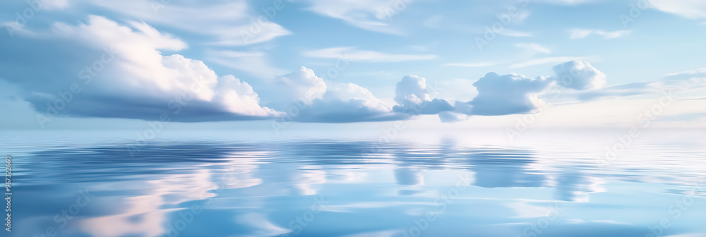 Soft, light blue clouds gently reflected in the calm surface of the water, creating a mirror-like effect Soft, light blue clouds gently reflected in the calm surface of the water, creating a mirror-like effect