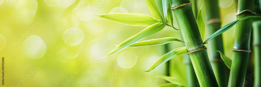 Obraz premium A close-up view of vibrant green bamboo stalks, surrounded by small delicate green leaves