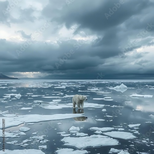 A lone polar bear surrounded by melted ice reflecting a gloomy stormy sky