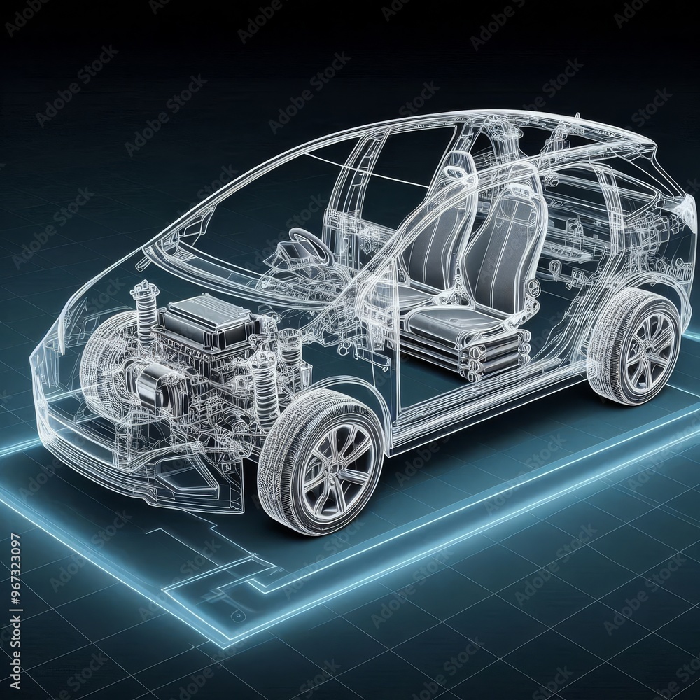 Naklejka premium A line art 3D illustration displays a modern electric car chassis x-ray, revealing the vehicle battery in a studio environment. 