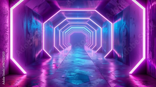 A futuristic tunnel with mirrored ceilings is dimly lit by neon lights creating figure eight patterns. Purple laser-like doors add to the mysterious atmosphere.