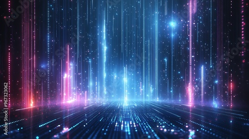 Vibrant digital landscape featuring radiant beams of light in a futuristic space, perfect for technology and design themes.