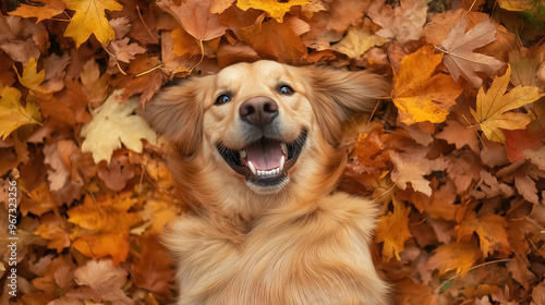 A top view of a happy and playful golden retriever lying on its back in an autumn park, surrounded by a pile of orange and yellow leaves photo