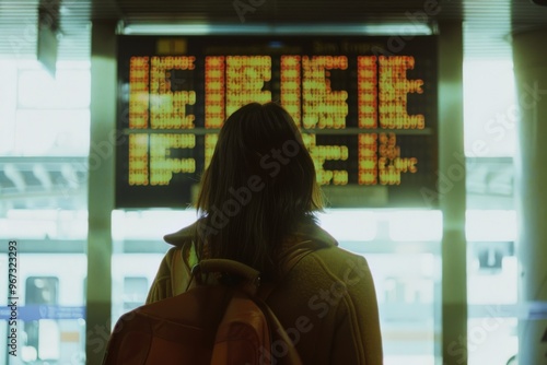 A person in a bustling transportation hub, staring at an illuminated departure board, absorbed in information and travel plans. photo