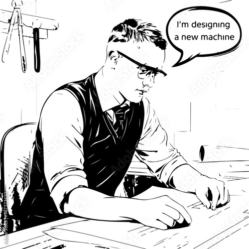 Sketching a Machine: Engineer at Work in Black and White