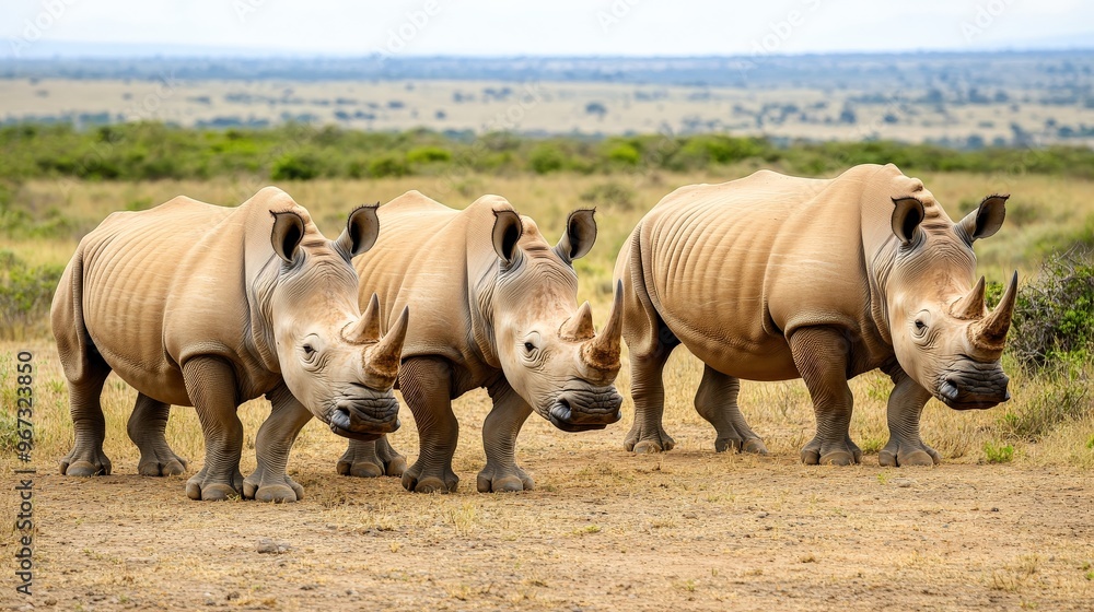 Fototapeta premium Three rhinos are standing in a field