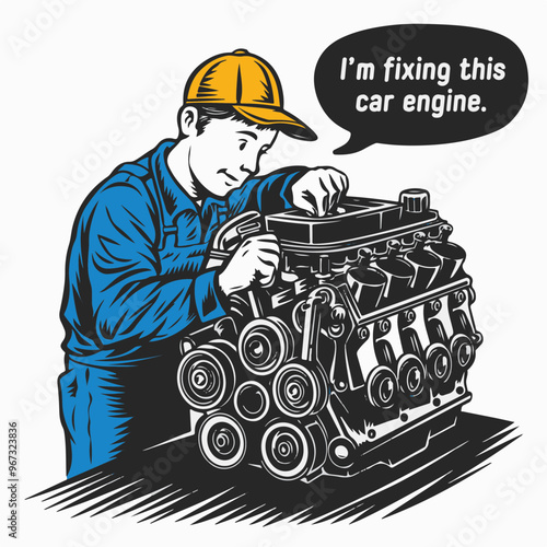 Mechanic Working on Car Engine Illustration