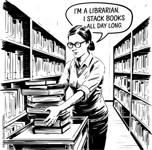 Librarian Organizing Books in a Library Scene