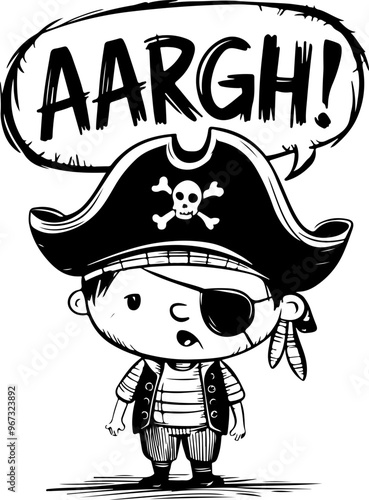 Playful Pirate Character Saying AARHG in Monochrome Style