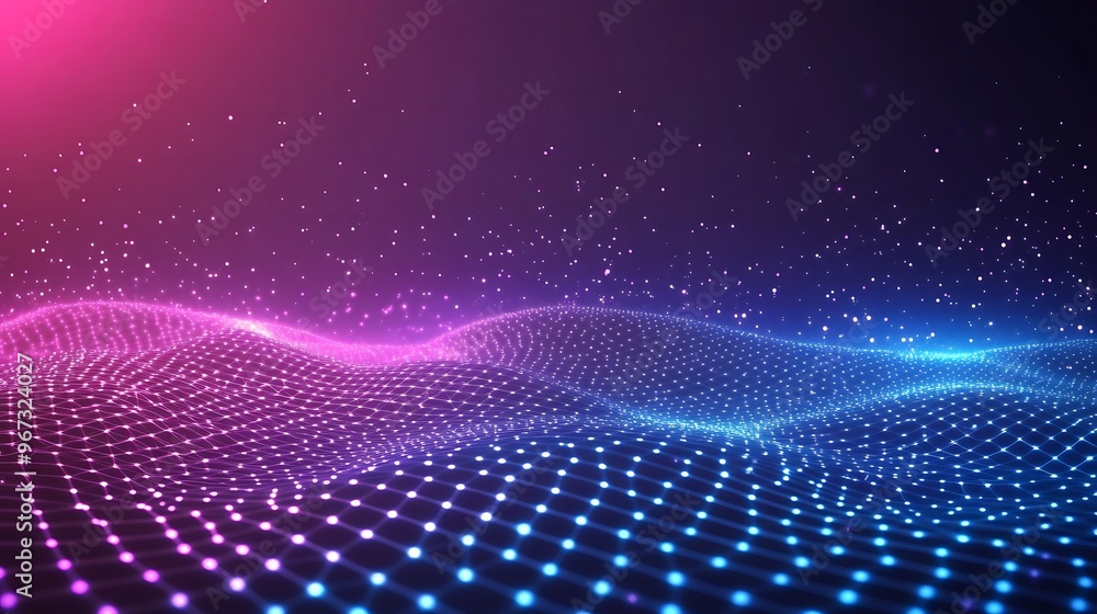 Fototapeta premium Vibrant digital waves with dots in pink and blue, creating a mesmerizing visual effect suitable for backgrounds and tech themes.