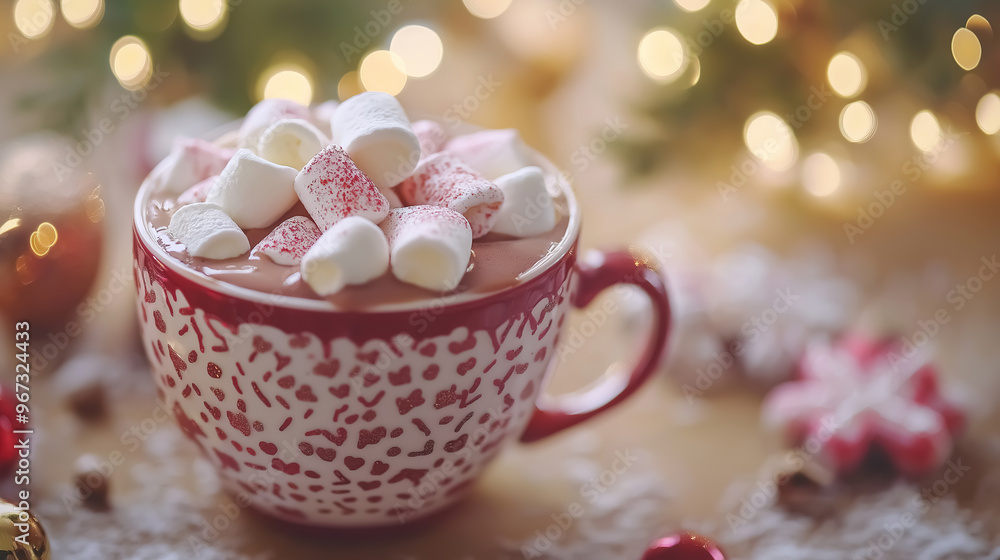 A hot chocolate with marshmallow in a Christmas cup A hot chocolate with marshmallow in a Christmas cup