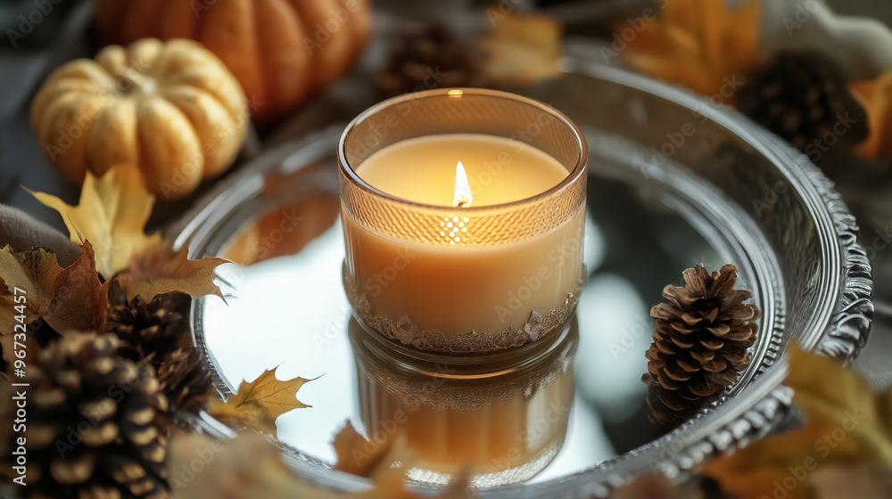 A meticulously designed candle sits on an elegant, mirrored tray, surrounded by autumnal elements like golden leaves, mini pumpkins, and pinecones A meticulously designed candle sits on an elegant, mirrored tray, surrounded by autumnal elements like golden leaves, mini pumpkins, and pinecones