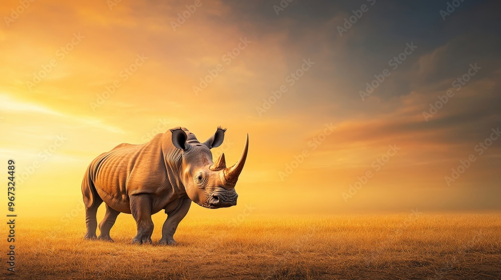 Obraz premium A rhino is standing in a field with a cloudy sky in the background