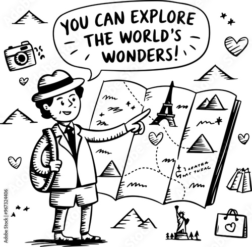 Travel Exploration with Map and Traveler Illustration