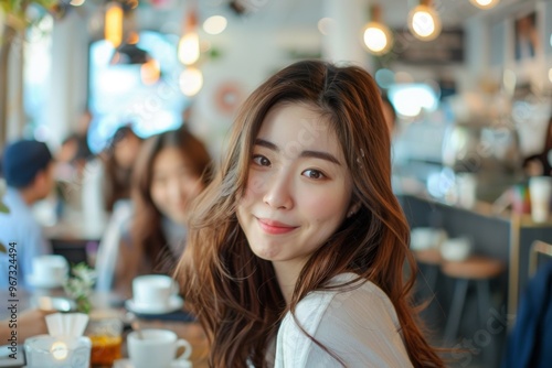 Beautiful korean girl radiates joy confident wink and casual vibe. Candid moment of playful elegance chic urban environment. Single eye wink conveys inviting allure and charismatic charm.