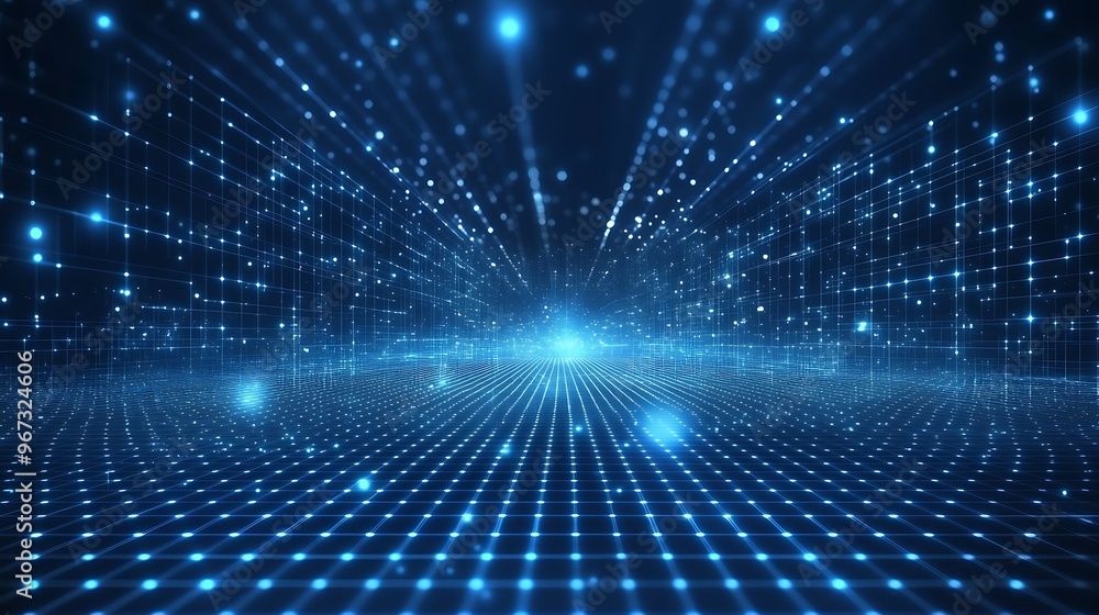 Visual representation of a digital landscape with glowing blue dots and beams of light, ideal for technology and innovation themes. Visual representation of a digital landscape with glowing blue dots and beams of light, ideal for technology and innovation themes.