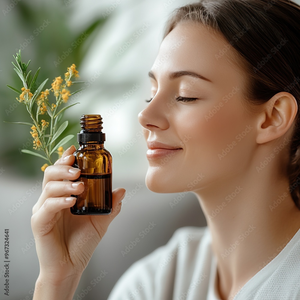 A woman peacefully enjoys the aroma of essential oil, surrounded by natural beauty, promoting wellness and relaxation. A woman peacefully enjoys the aroma of essential oil, surrounded by natural beauty, promoting wellness and relaxation.