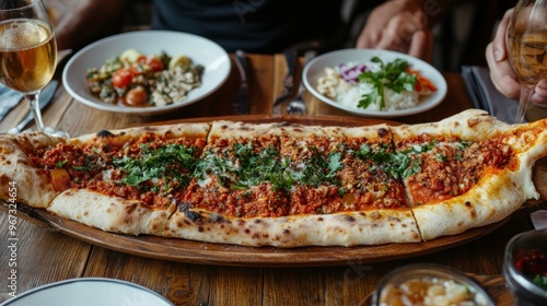 Kusbasili pide, kiymali, and lahmacun are examples of traditional Turkish cuisine. At the restaurant table, two people are eating.
 photo