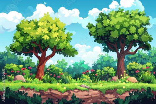 Cartoon forest landscape for video games, 2d UI design for computer or mobile. Bright wood with green trees and grass, background with arcade elements for jumping, bonus items, or nature