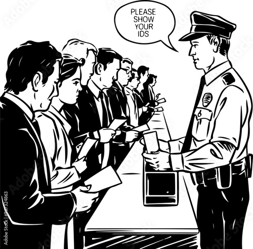Police Checkpoint: ID Verification Scene in Black and White