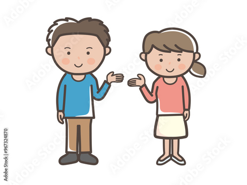 案内や説明をするイメージの若い男女カップルの全身イラスト