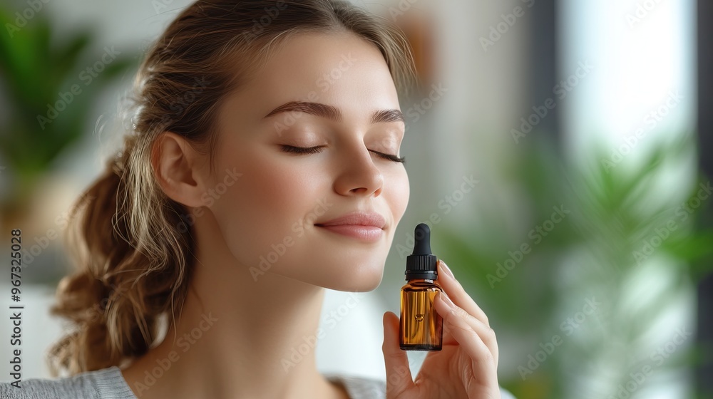 Fototapeta premium A serene young woman enjoying a skincare routine with a dropper bottle in a bright, natural setting.