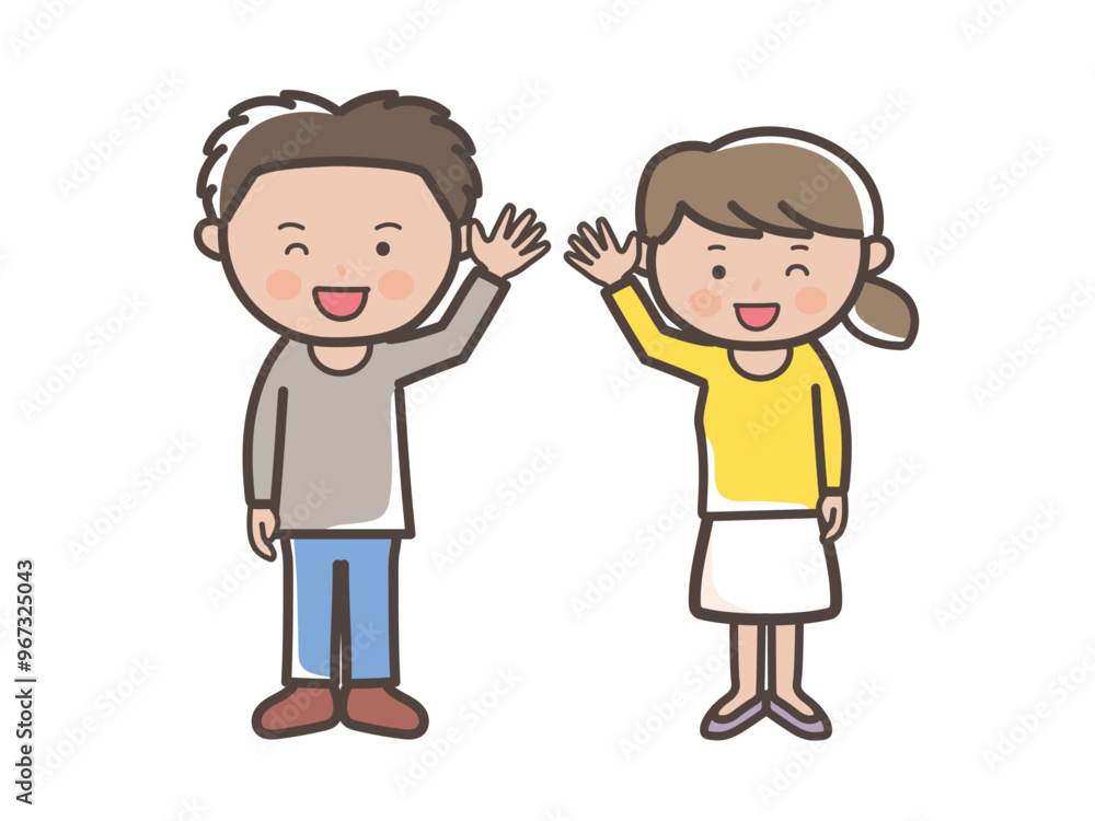 元気に挨拶する若い男女カップルの全身イラスト 元気に挨拶する若い男女カップルの全身イラスト