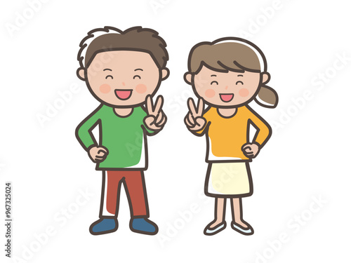 満面の笑顔でピースをする若い男女カップルの全身イラスト