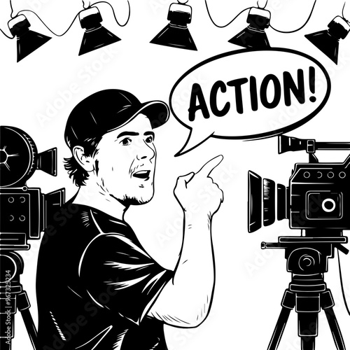 Film Director Shouting 'Action' with Cameras and Lights