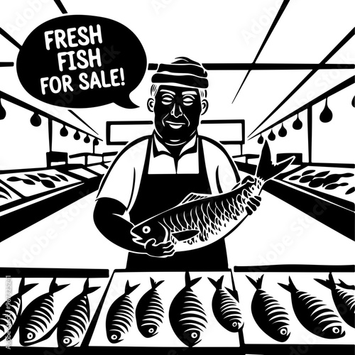 Black and White Illustration of Fishmonger Selling Fish