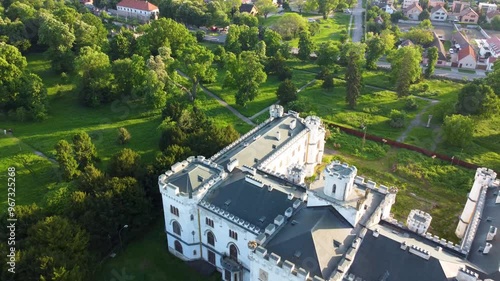 Stunning 4K drone footage of Zichyho Mansion in Rusovce, Slovakia. Enjoy breathtaking aerial views of this historic manor surrounded by beautiful gardens and lush greenery photo