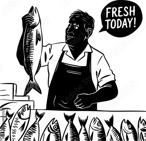 Fishmonger Displaying Fresh Catch in Black and White
