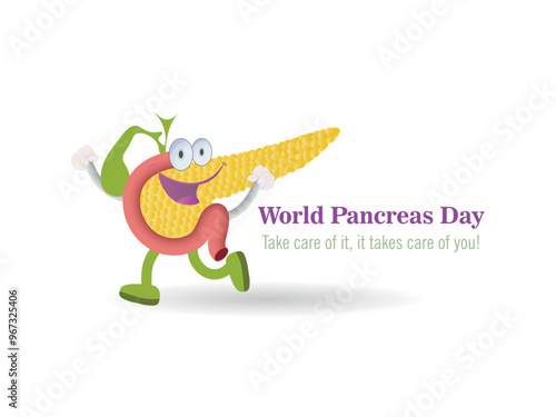 Smiling pancreas promoting pancreas care.Illustration of a happy pancreas celebrating World Pancreas Day with the slogan , Take care of it, it will take care of you