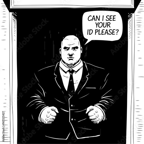 Comic Style Bouncer Demands ID in Black and White