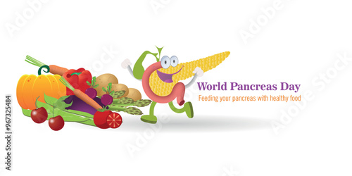 Pancreas feasting on healthy foods on World Pancreas Day. Vibrant illustration of an animated pancreas with a variety of healthy vegetables, promoting a healthy diet on World Pancreas Day.