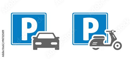 Car vehicle, motor scooter parking lot area silhouette sign vector icon graphic simple minimal shape illustration, motorcycle and automobile transport zone place image clip art modern design
