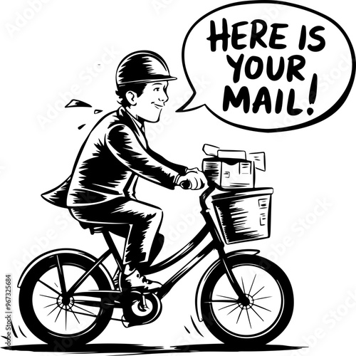 Cartoon Mailman Delivering Packages on Bicycle