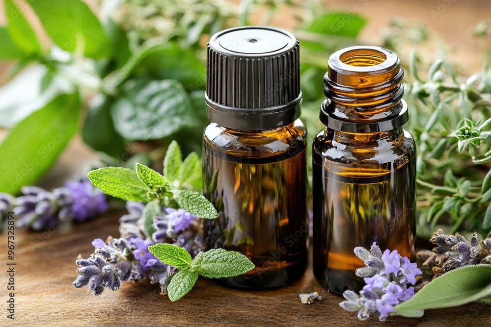 Aromatic essential oil bottles surrounded by fresh herbs and lavender, perfect for wellness and aromatherapy themes. Aromatic essential oil bottles surrounded by fresh herbs and lavender, perfect for wellness and aromatherapy themes.