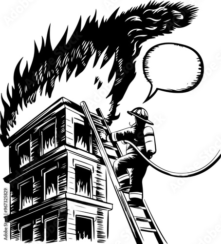 Firefighter Tackling Blaze on Multi-Story Building