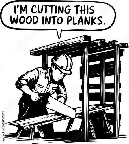 Worker Cutting Wood Into Planks - Monochrome Illustration