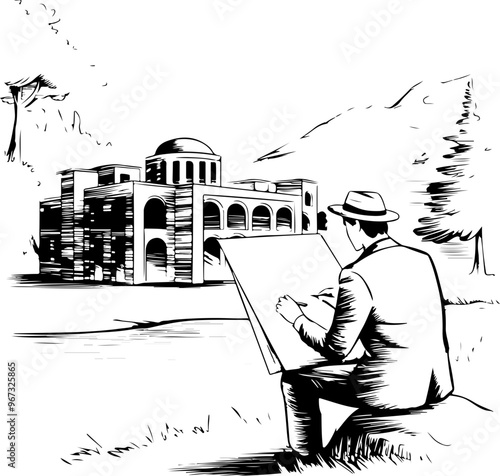 Artist Sketching a Building in a Scenic Landscape