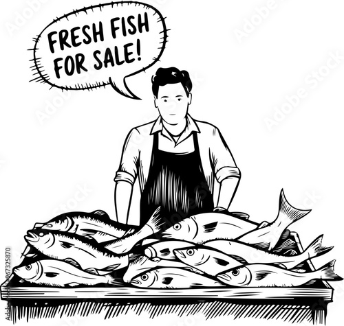 Fish Market Scene with Seller and Fresh Catch