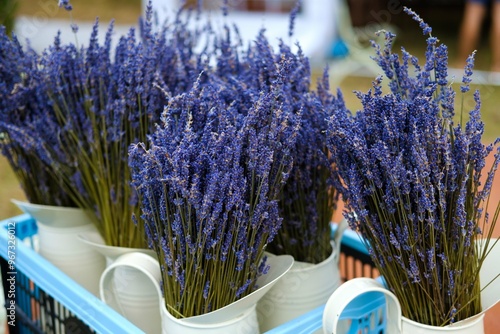 a group of pitchers with Lavender bouquets photo