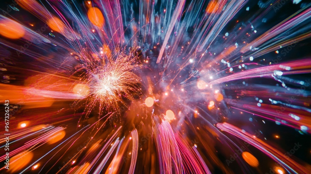 A long exposure shot of a fireworks display with trails of light and vibrant bursts illuminating the night sky. A long exposure shot of a fireworks display with trails of light and vibrant bursts illuminating the night sky.