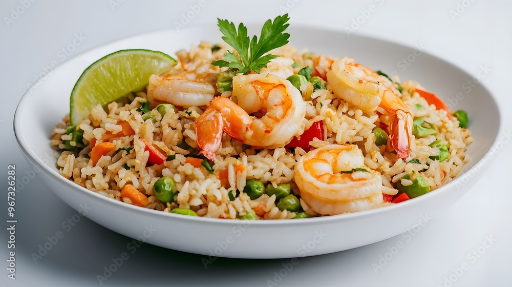 3D illustration of fried rice with mixed vegetables, shrimp, and a sprinkle of fresh basil, garnished with a lime wedge, bright and clean light enhancing the colors, fresh and vibrant mood 3D illustration of fried rice with mixed vegetables, shrimp, and a sprinkle of fresh basil, garnished with a lime wedge, bright and clean light enhancing the colors, fresh and vibrant mood
