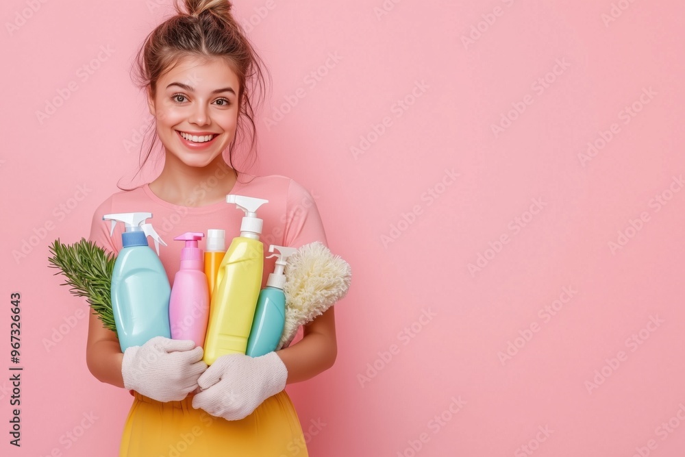 Beautiful young female cleaner smiling broadly and holding cleaning supplies. Woman holding cleaning tools and cleaning supplies isolated on pink background, clearing company banner and copy space Beautiful young female cleaner smiling broadly and holding cleaning supplies. Woman holding cleaning tools and cleaning supplies isolated on pink background, clearing company banner and copy space