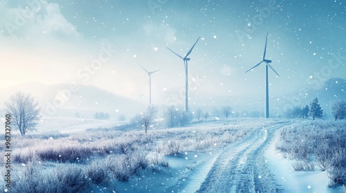 Winter landscape with wind turbines, soft snowfall, delicate frosty details, watercolor style